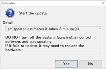 Click the Start update button. The estimated time required for updating is displayed. Click the Yes button to start updating.