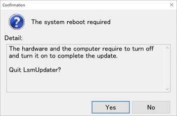 The following dialog box will display.  Finish the updater by following the message and turning off the power of all systems and the control PC.  Then, turn on the power again.