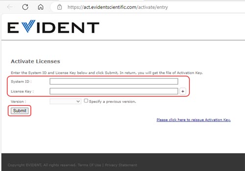 When the Activate Licenses page is displayed, enter the system ID and the license key, then click the Submit button.