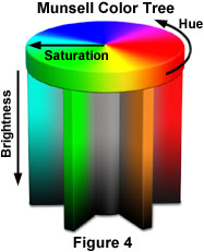 An image of a Munsell color tree showing the relationship between hue, saturation, and brightness.