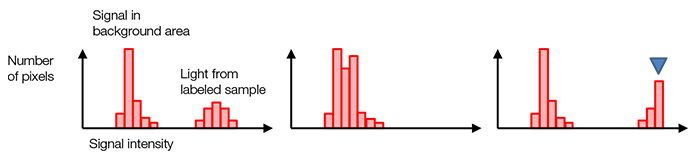 그림 7- 정상 노출 시의 히스토그램(왼쪽), 노출 부족 시의 히스토그램(중간), 청색 마커 부분에서 포화된 과노출 시의 히스토그램(오른쪽). 