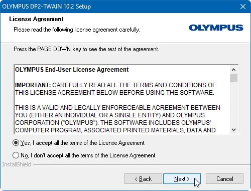 4) [License Agreement] will appear. Read the OLYMPUS END-USER LICENSE AGREEMENT. If you agree, select [Yes] and click the [Next] button.